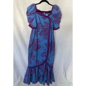 Vtg Yens Hawaiian Dress Muu Muu Long Fitted Blue Purple No Size Tag